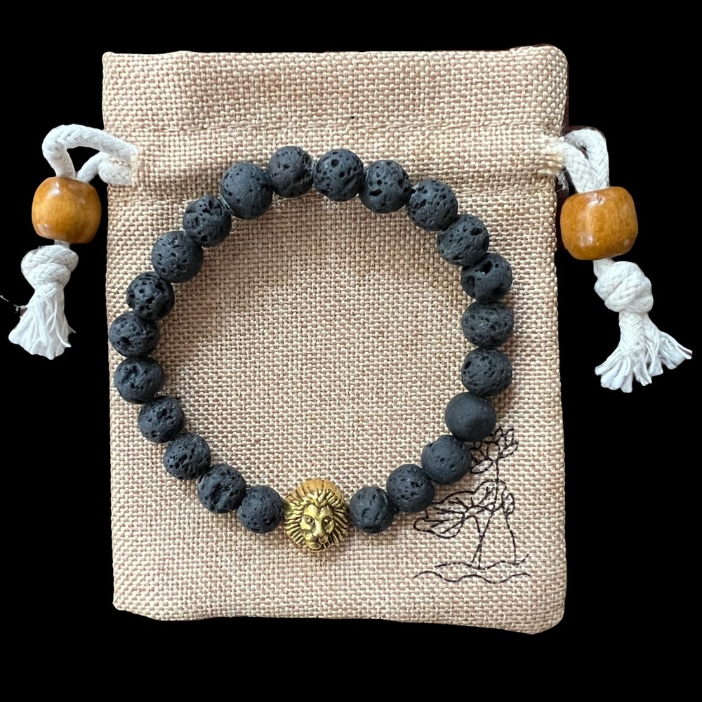 Boho natural black lava stone with lion charm 7.25”inch stretch men or women